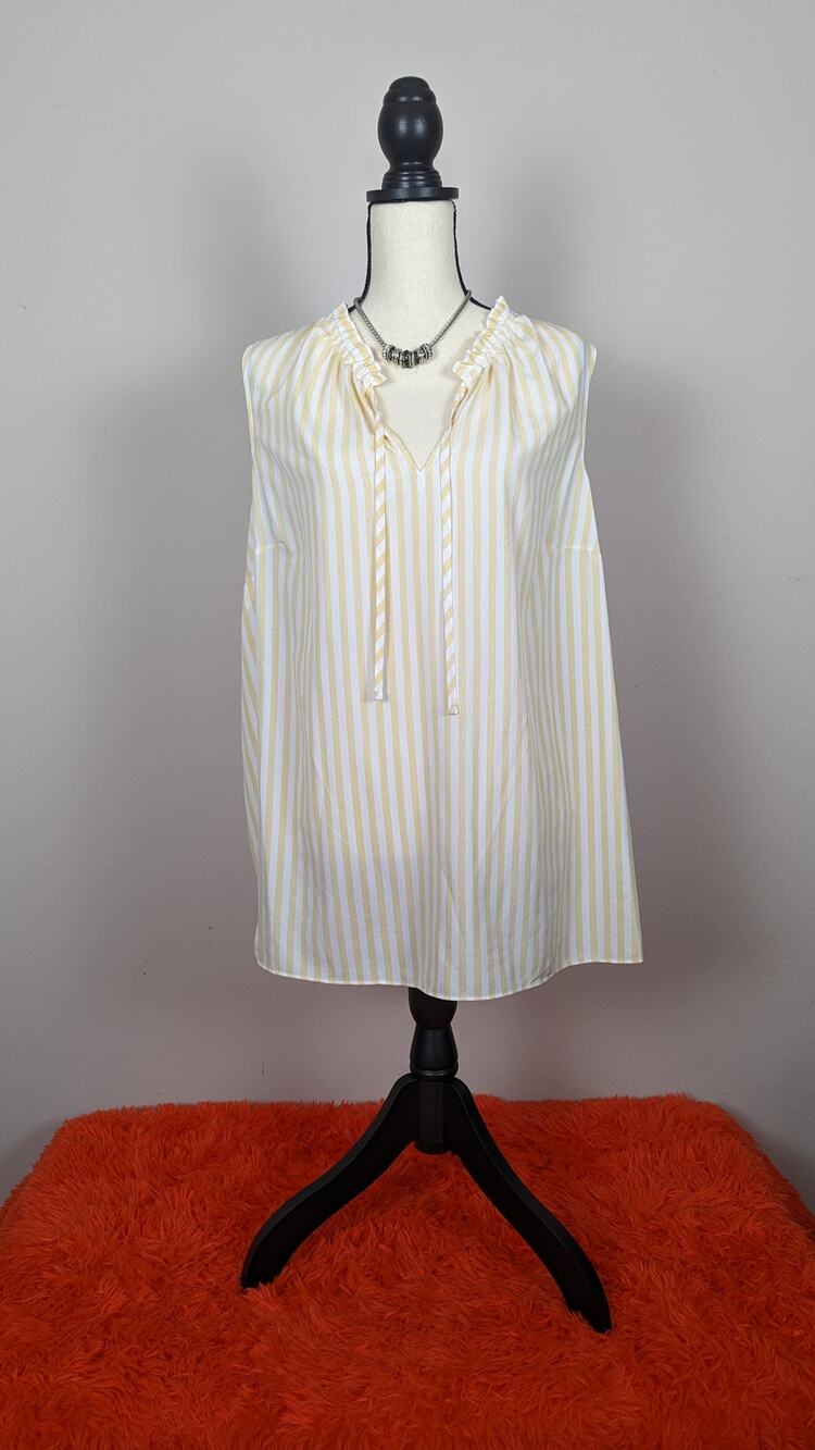 Ava & Viv Yellow & White Striped Ruffle Neck Tie Sleeveless Tank Top Blouse 2X